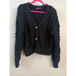 New York & Company Black Cable Knit Sweater with Pearl Buttons Size Medium
